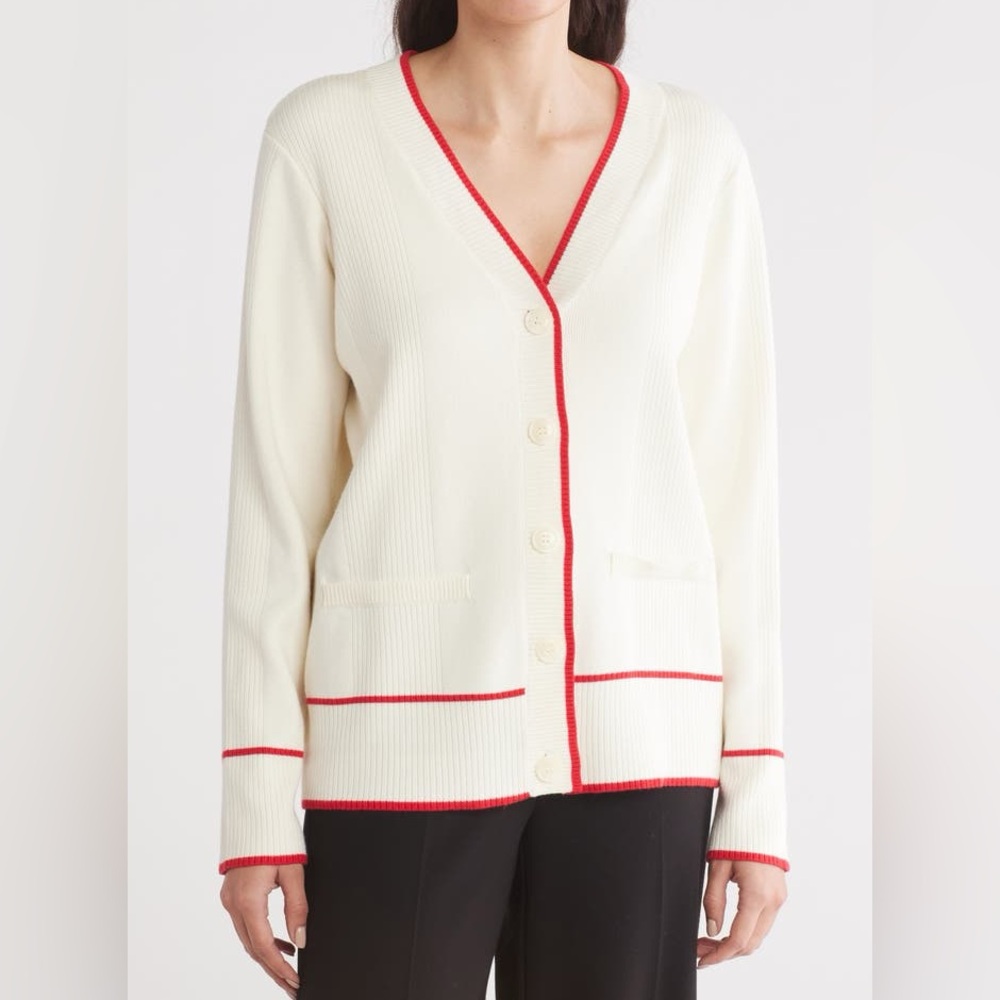 Nordstrom Rack Design History Tipped Women’s Cardigan Cream with Red Trim